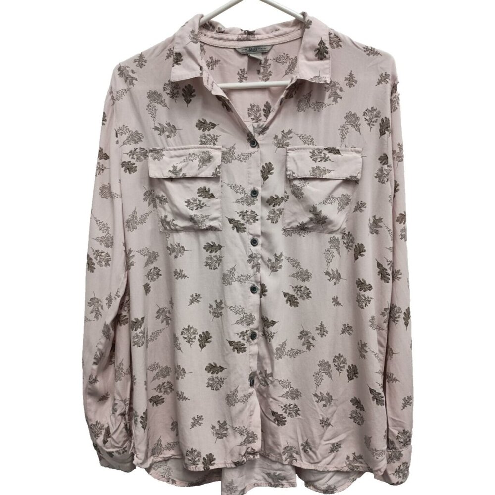 Bass Button‎ Up Shirt Womens Large Pink Leaf Print Long Sleeve Casual Preppy